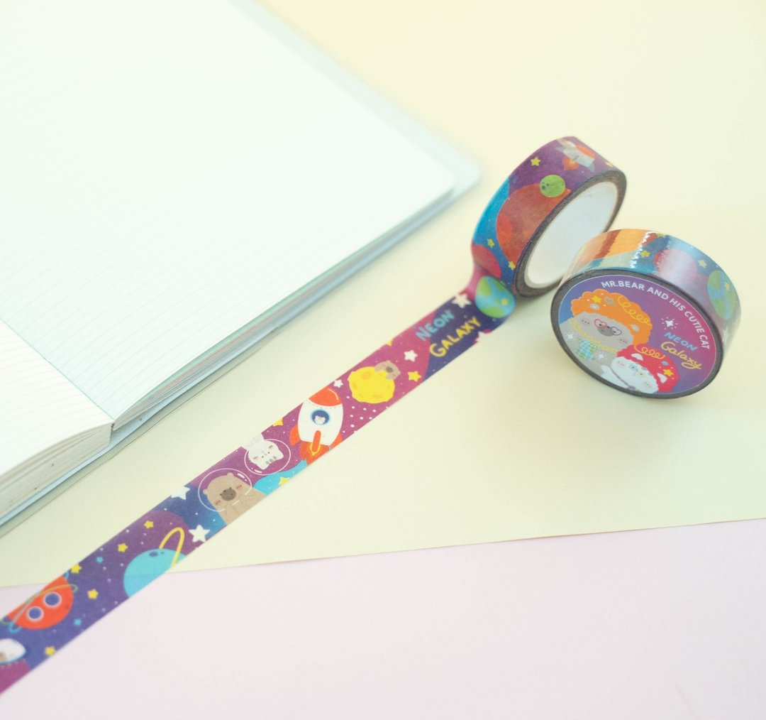 Mr. Bear and his cutie cat: Masking tape - Neon Galaxy - 纸胶带 - 纸 蓝色