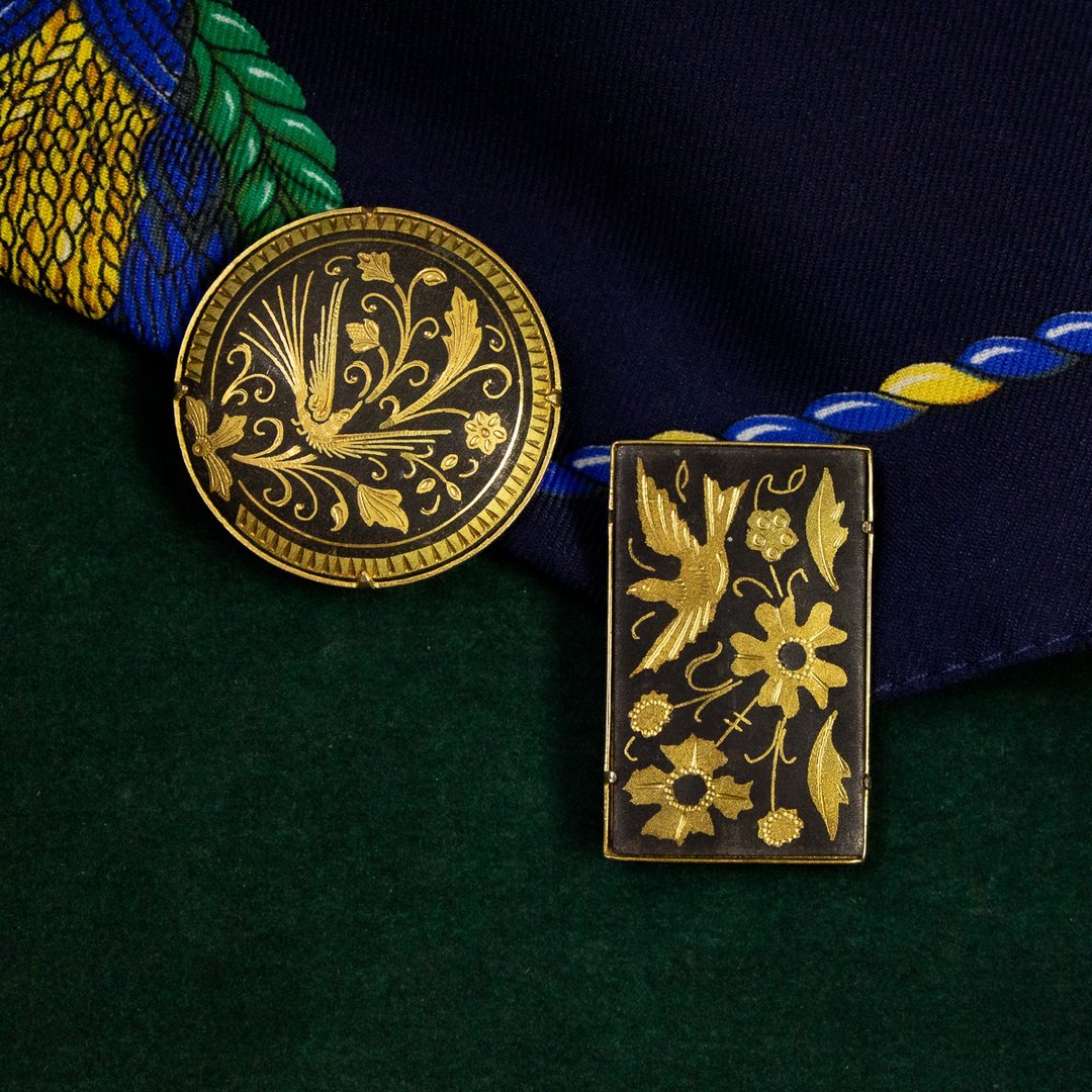 西班牙古董 大马士革24K金属镶嵌工艺 鸟与花草图腾 别针两件 - 胸针 - 24k 金 金色
