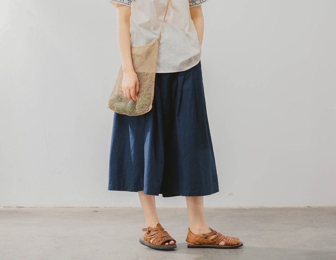 法式复古 少女文艺美术生 靛蓝棉质长款半身裙 - 裙子 - 棉 蓝色