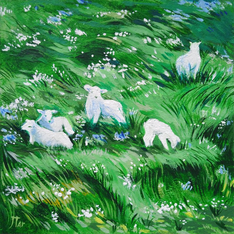 原始绘画托斯卡纳风景绵羊场绿色山丘高草墙艺术 - 墙贴/壁贴 - 其他材质 绿色