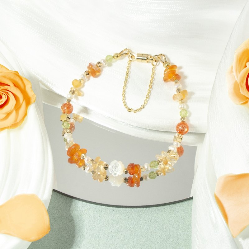 橘色玫瑰花 - 红玛瑙 太阳石 橄榄石 白蝶贝 天然石手链 - 手链/手环 - 水晶 多色