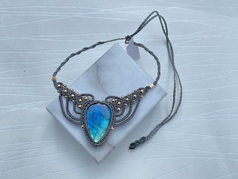 *220426 Macrame 拉长石 编织 颈链 - 项链 - 半宝石 蓝色