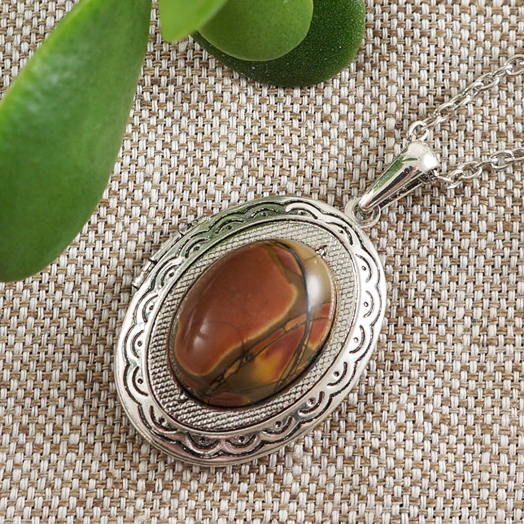 Picasso Jasper Silver Oval Photo Locket Pendant Keepsake Necklace Woman Jewelry - 项链 - 半宝石 红色