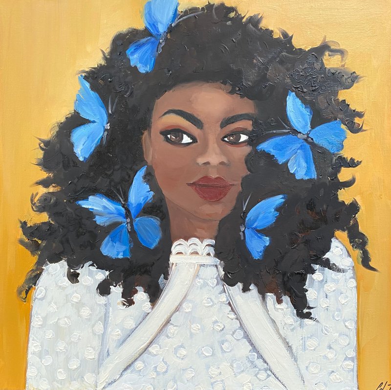 穿着白色连衣裙的美女 女人肖像 布面油画 蝴蝶 野兽派艺术 - 墙贴/壁贴 - 其他材质 白色