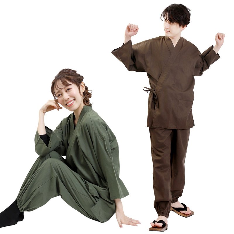 日本 和服 作务衣 日式 休闲 室内服 甚平 睡衣 男女通用 成套组 - 中性连帽卫衣/T 恤 - 棉．麻 蓝色