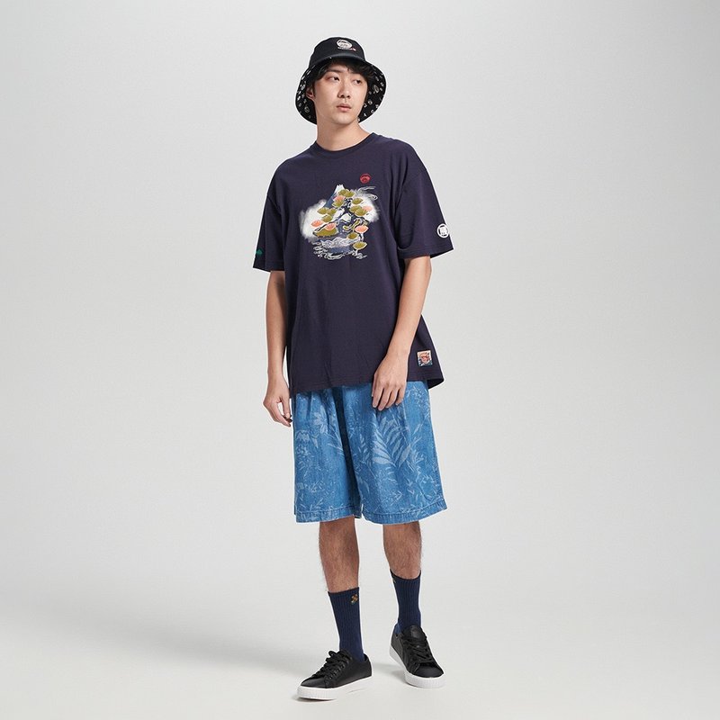 江户胜 日系 男装 橘绿盆栽宽版短袖T恤(丈青色) #上衣 - 男装上衣/T 恤 - 棉．麻 蓝色