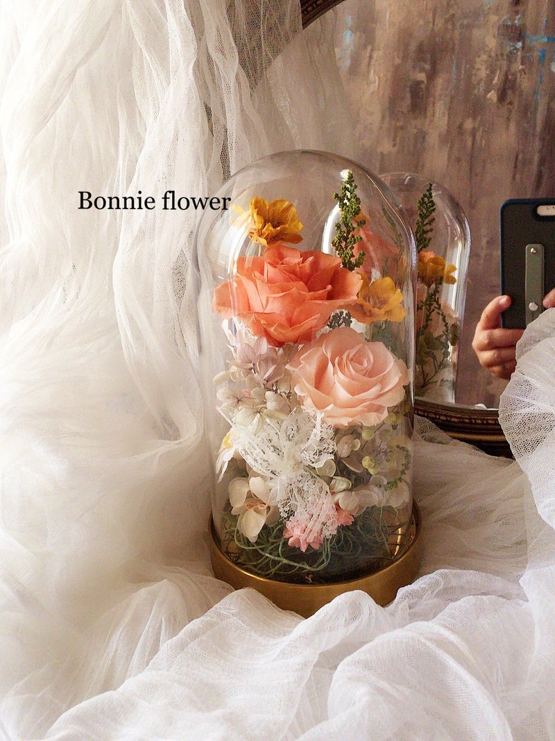 复古玫瑰花玻璃罩/永生花玻璃钟罩/生日礼物/定制 - 干燥花/捧花 - 玻璃 多色