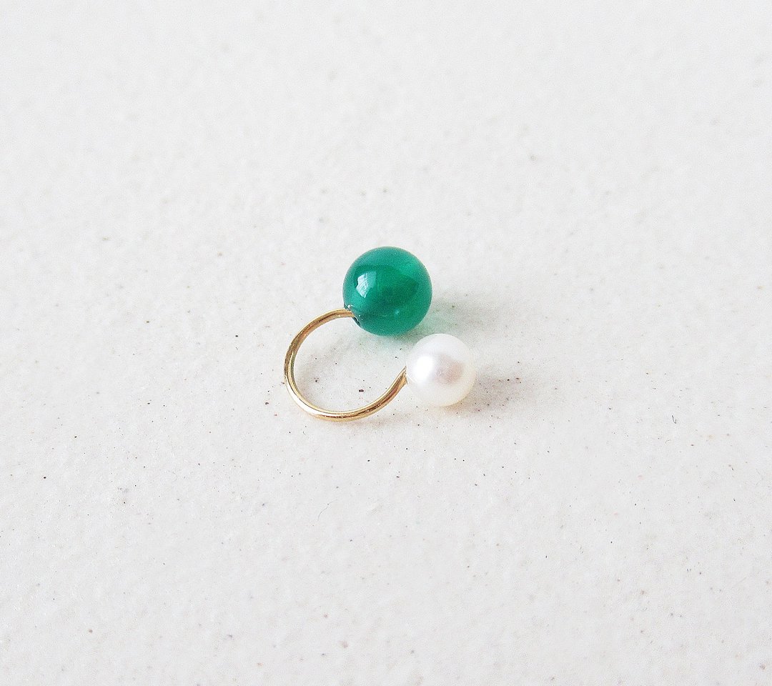 3 WAYS, Green onyx and Freshwater pearl (Ear cuff)　綠瑪瑙 - 耳环/耳夹 - 石头 绿色