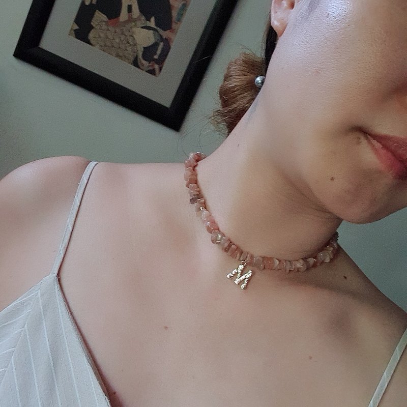 Personalized Necklace |Beige Moonstone |14K Gold Plated Letter | Free Gift Wrap - 项链 - 宝石 卡其色
