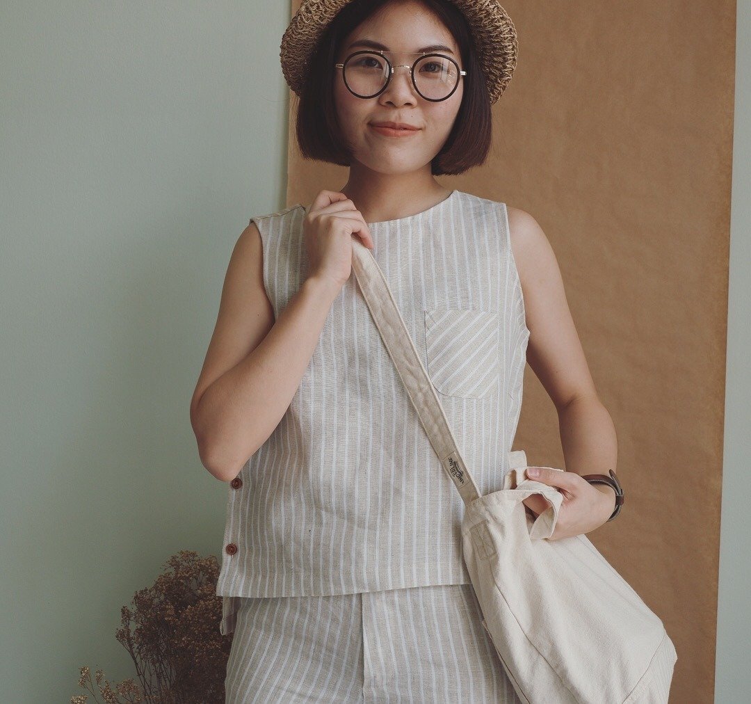 Hibiki Linen Top : White Stripe  - 女装背心 - 棉 卡其色
