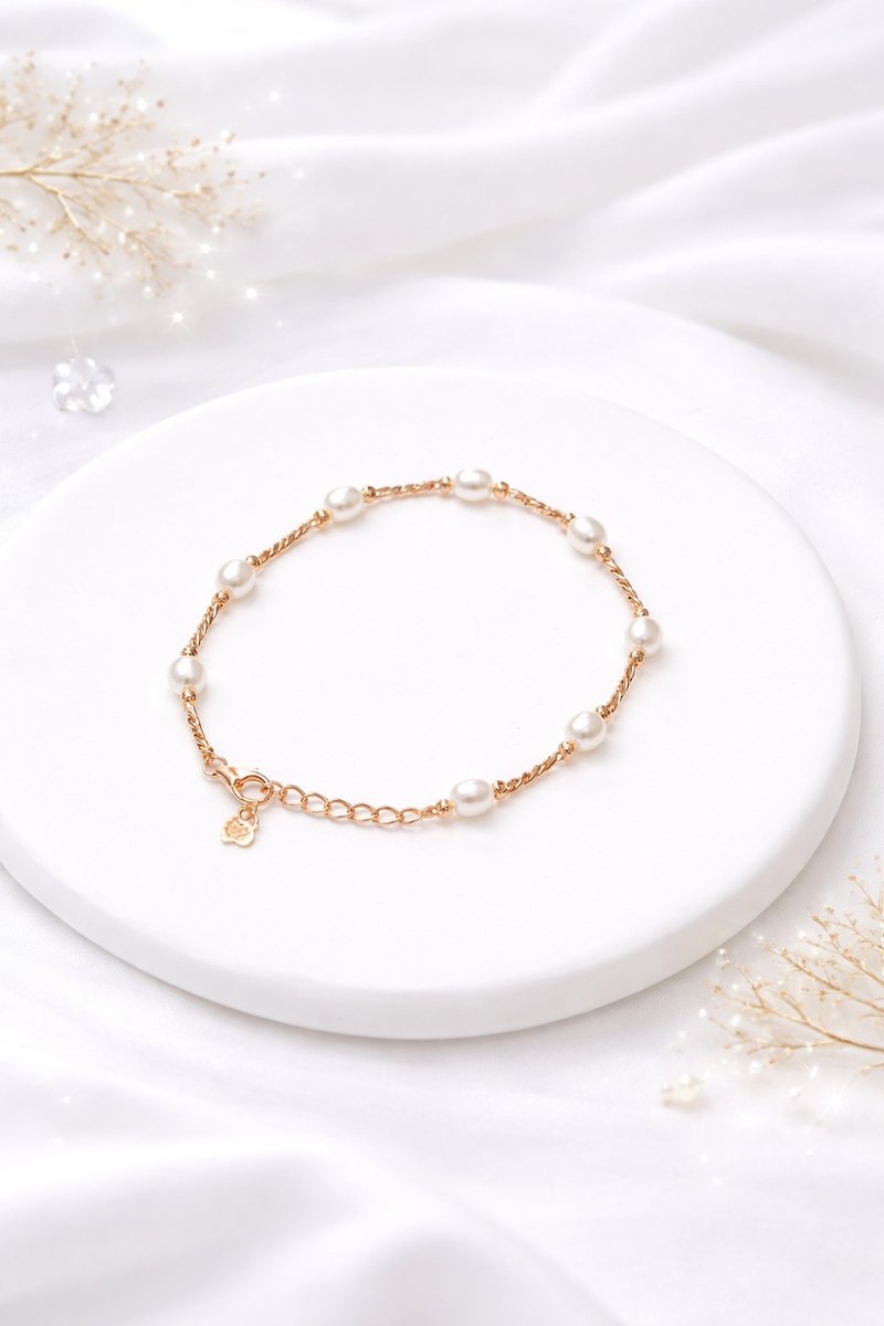 925 银镀金扭纹金属工艺拼接天然珍珠手链 - 手链/手环 - 银 金色