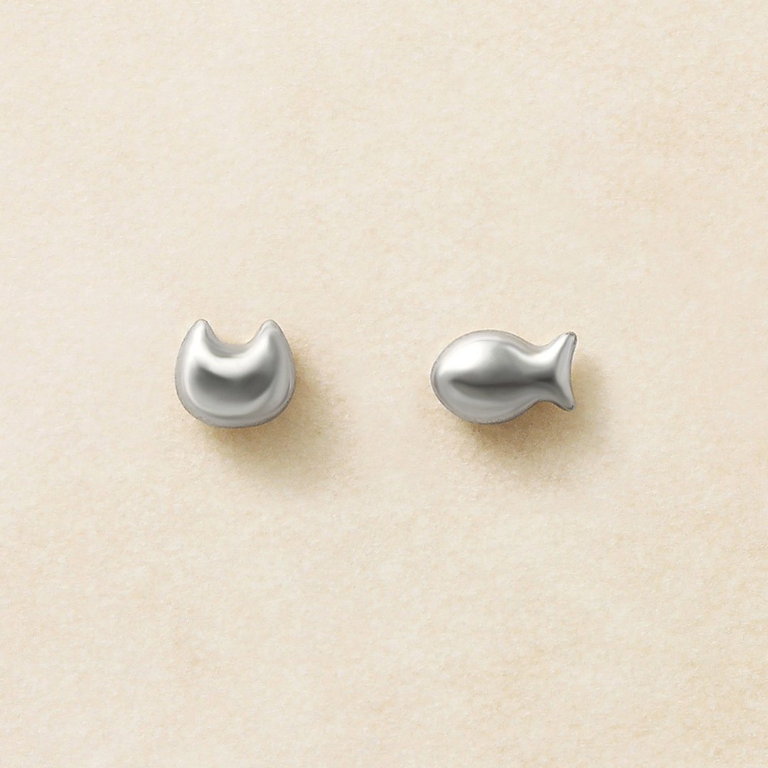【Second Earrings】 铂金猫&鱼耳环 - 耳环/耳夹 - 贵金属 