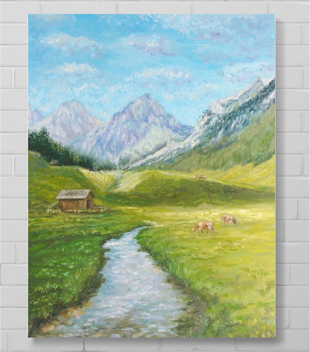 山水画 农家画 风景油画 河流原画 农场动物 乡村景观 - 墙贴/壁贴 - 木头 绿色