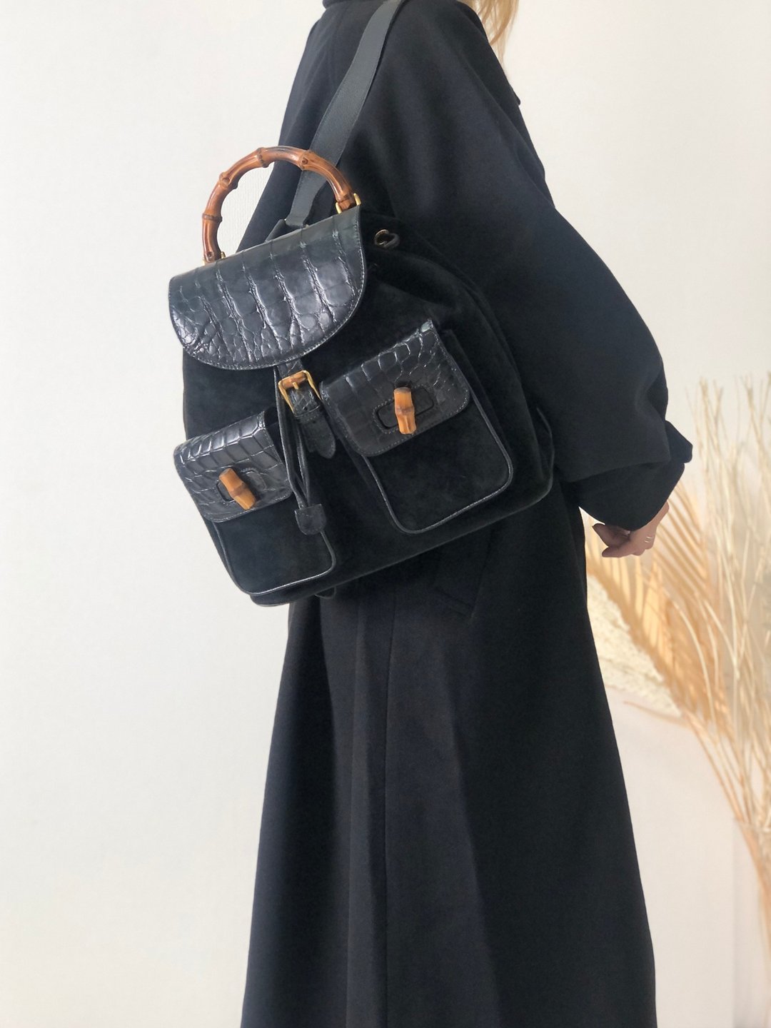 【日本直运，名牌二手包装】GUCCI Bamboo croco 压花麂皮背包 背包黑复古 secg2p - 后背包/双肩包 - 真皮 黑色