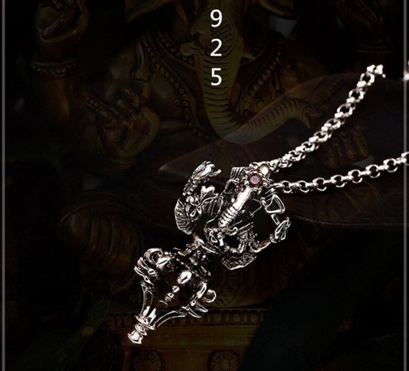 Real 925 Sterling Silver Thai Men Religious Elephant God Necklace - 长链 - 纯银 银色