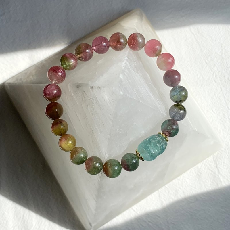 彩虹色系 8.3 MM 大珠西瓜可爱貔貅碧玺手链 天然水晶设计手链 - 手链/手环 - 半宝石 多色