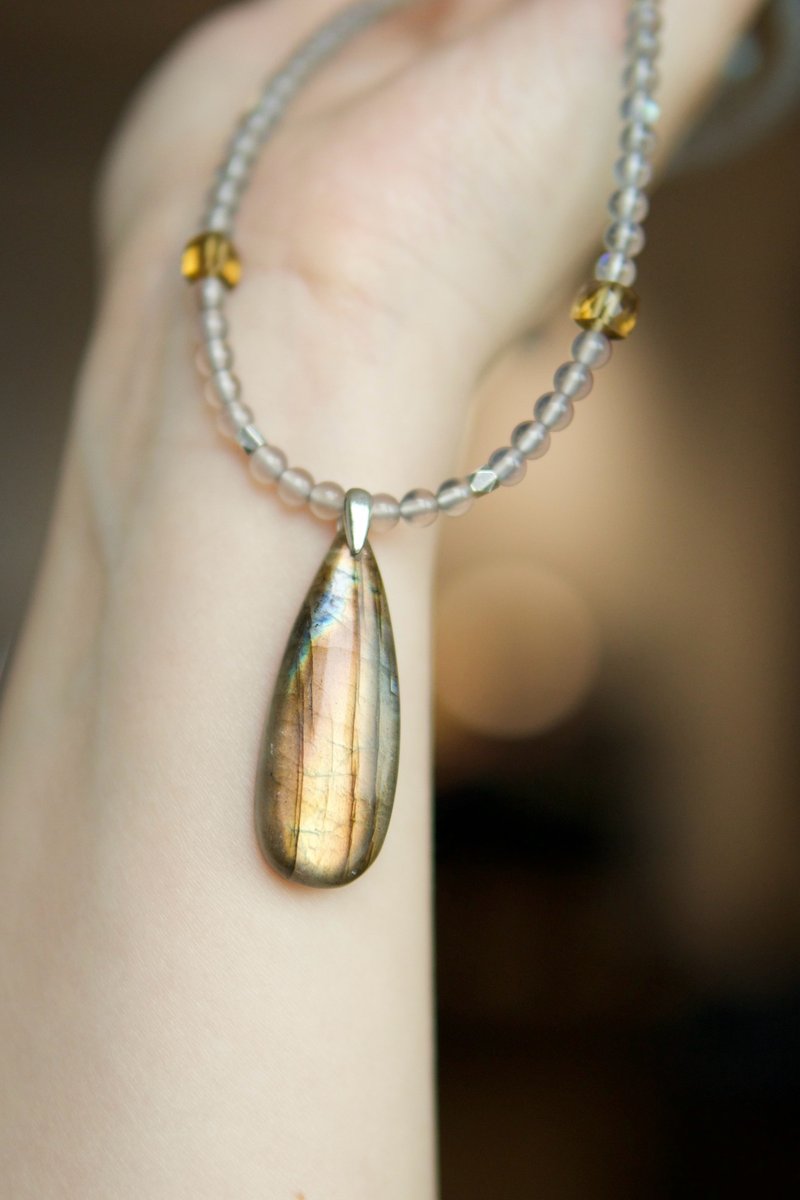 拉长石 黄光拉长石+蓝光透体拉长石珠链+啤酒晶 项链锁骨链 - 锁骨链 - 水晶 