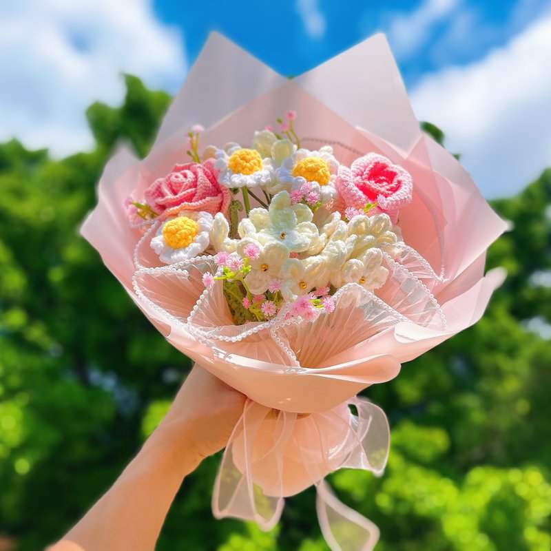 情人节礼盒  花屋系列 手作钩织粉色系永恒花束 - 干燥花/捧花 - 棉．麻 