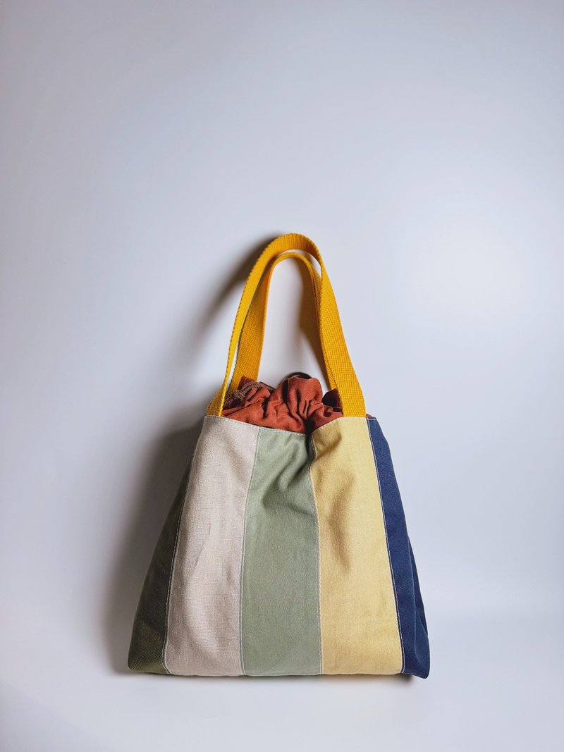 Warauwanko手提五色拼布束口中型包 - 束口袋双肩包 - 棉．麻 