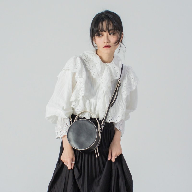 沉靜黑色 三色立體造型撞色小圓包 三用手提單肩背斜挎水桶馬鞍包 - 侧背包/斜挎包 - 人造皮革 黑色