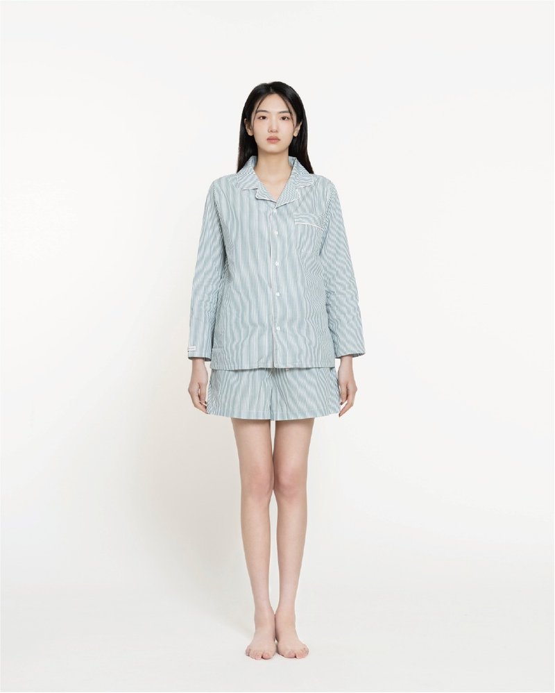 好关系 HAOKUANXI | 睡衣/家居服组合-绿白条纹-短裤组合 - 居家服/睡衣 - 棉．麻 绿色