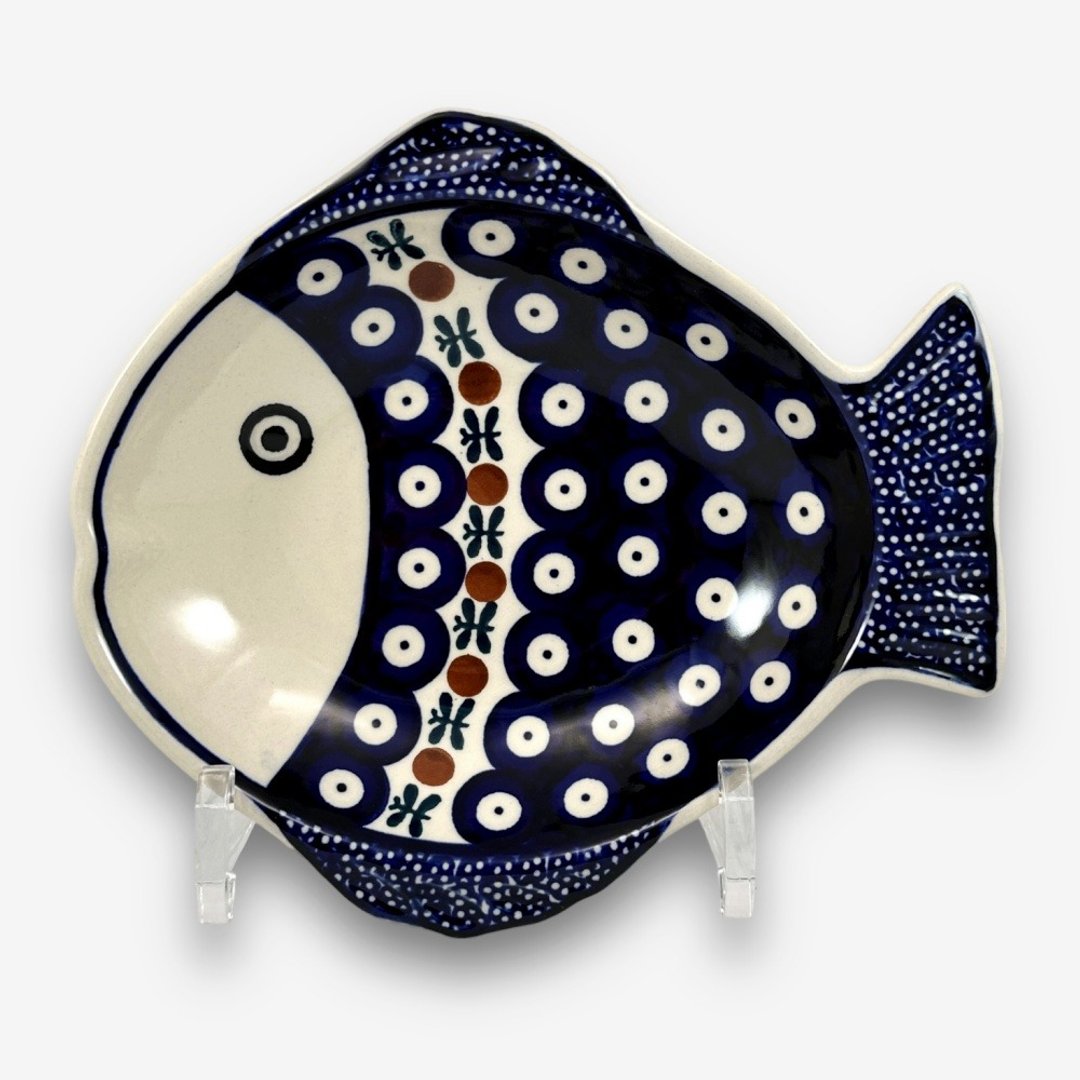 波兰手绘手工陶-鱼型盘 19cm 孔雀眼系列 设计师款 - 盘子/餐盘/盘架 - 陶 蓝色
