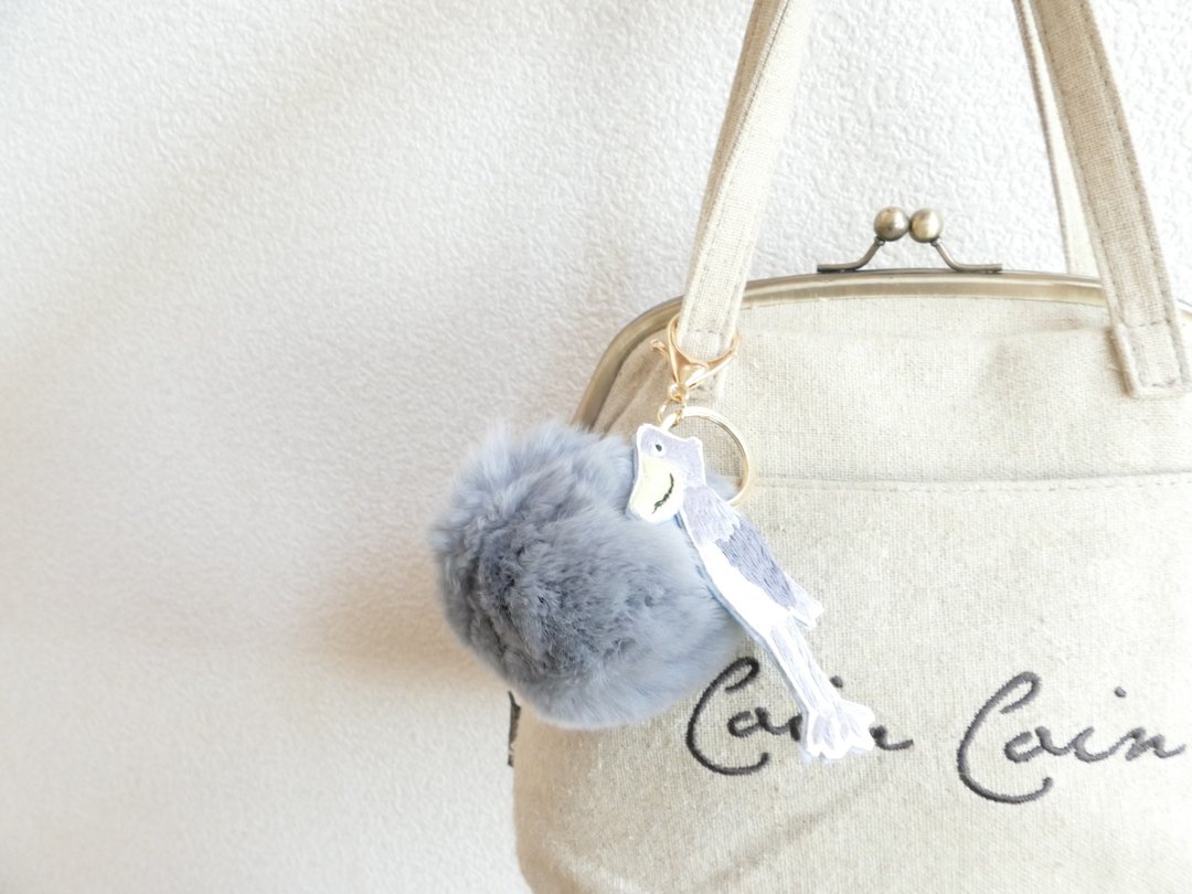 Fur Pom Pom Bag Charm Gray Embroidered Shoebill - 钥匙链/钥匙包 - 棉．麻 灰色