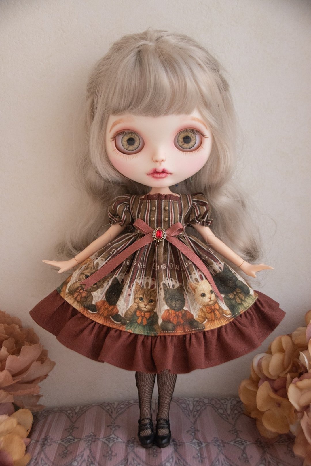 Blythe 服饰 洋装 连身裙 古董猫连身裙 酒红条纹 - 其他 - 棉 咖啡色