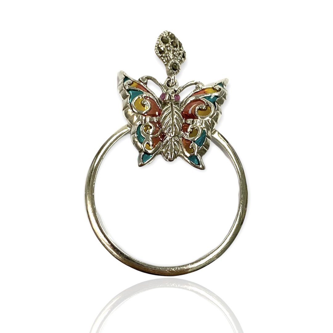 Art Nouveau Enamel Butterfly Magnifying Glass Loop Pendant 925 Sterling Silver - 其他 - 纯银 银色