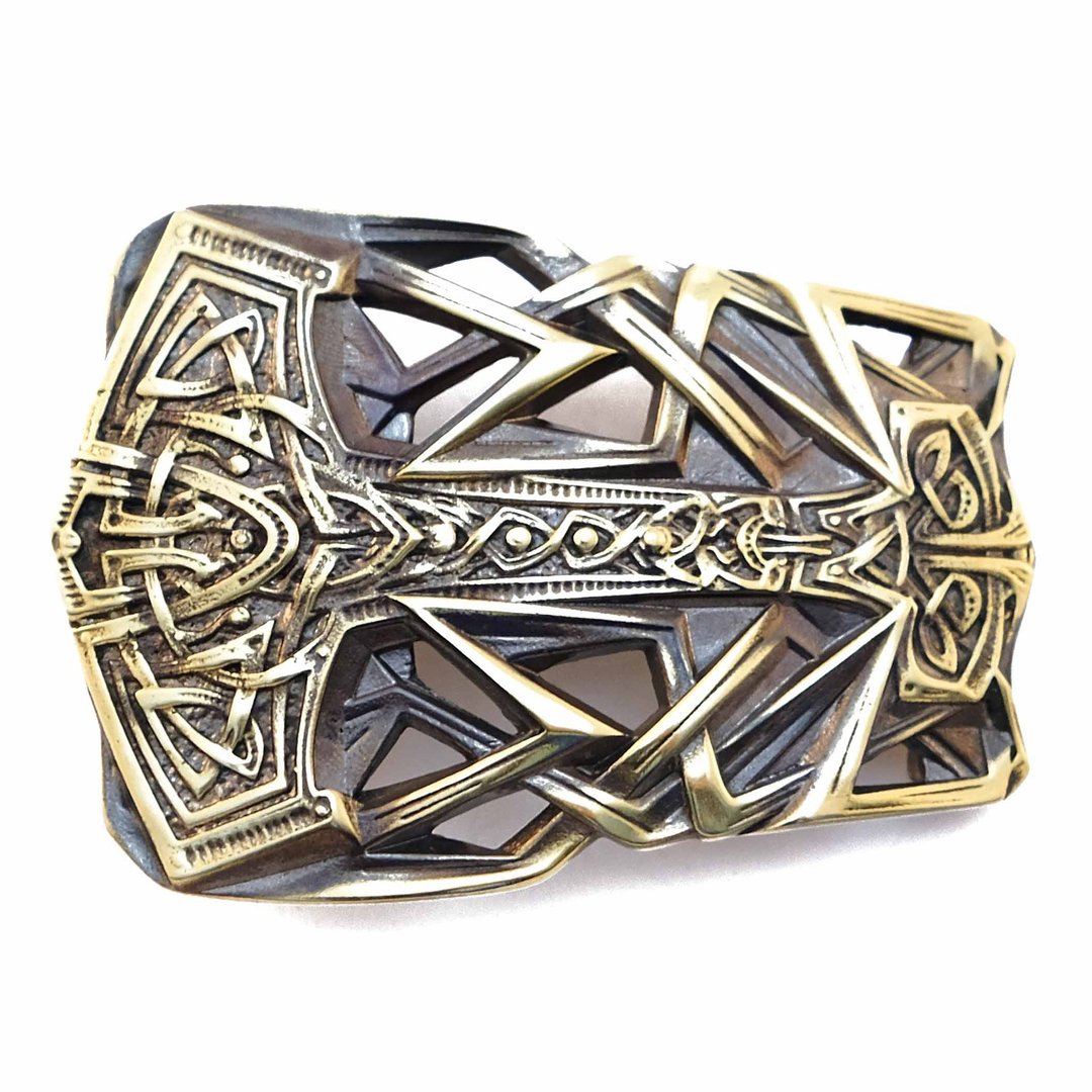 Mjolnir soild brass belt buckle,Thor Hummer vikings Scandinavian belt - 皮带/腰带 - 其他材质 金色