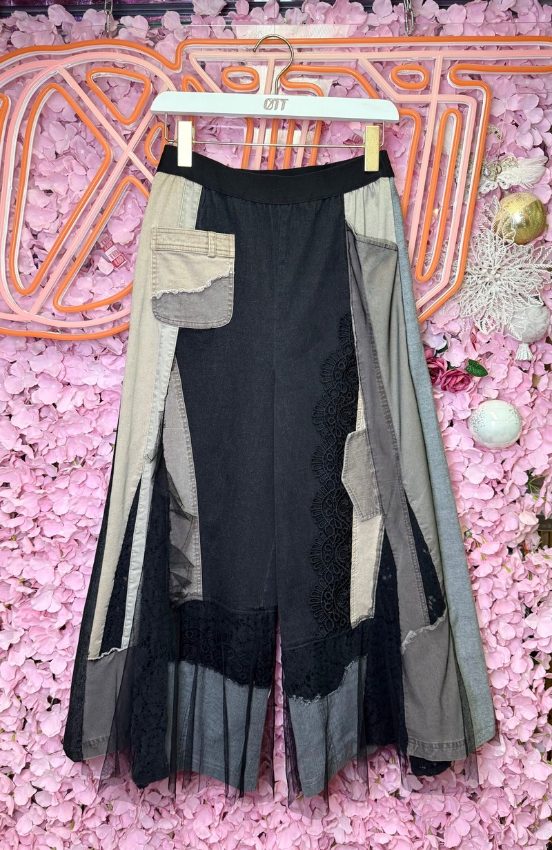 OTT只此一件•日系浪漫风撞色洗水黑杏啡牛仔蕾丝阔裤 - 女装长裤 - 棉．麻 卡其色