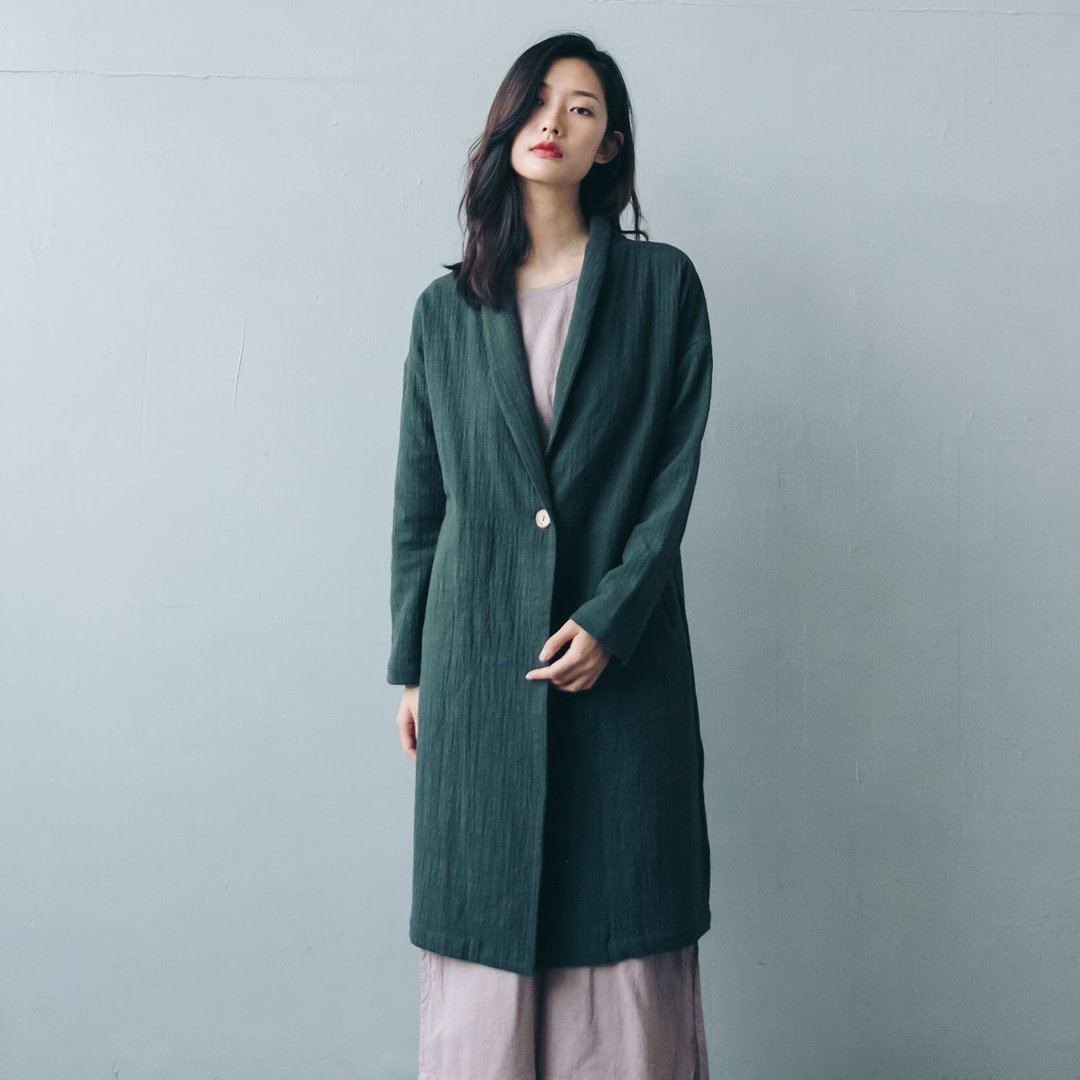 单扣长版大衣 - 绿 - 女装休闲/机能外套 - 棉 绿色