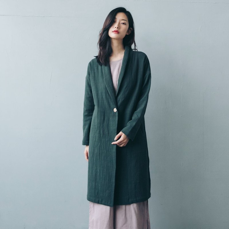 单扣长版大衣 - 绿 - 女装休闲/机能外套 - 棉．麻 绿色