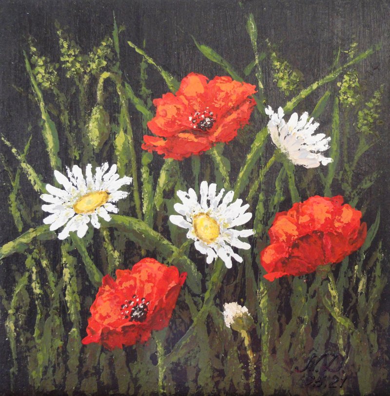 雏菊和红罂粟绘画原创艺术花卉艺术品野花艺术 - 海报/装饰画/版画 - 其他材质 多色