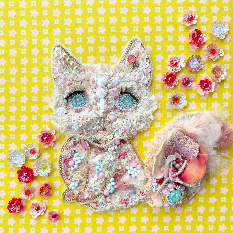 裱框的珠绣艺术　 猫  Milky Berry - 海报/装饰画/版画 - 绣线 