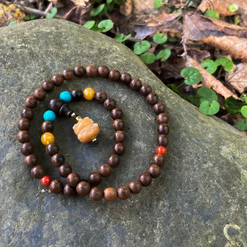 檀木绿松石蜜蜡招财猫双圈手串 - 手链/手环 - 木头 