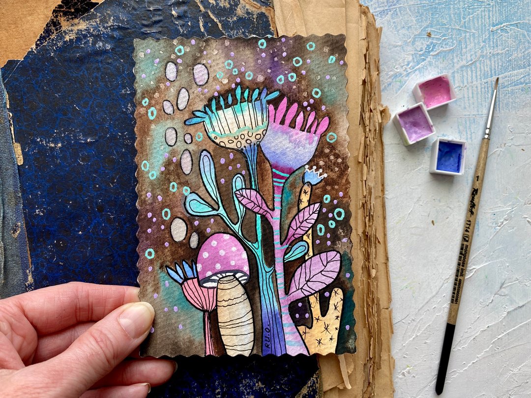 Floral painting Fantasy Original art Mini watercolor Flowers Miniature artwork - 海报/装饰画/版画 - 纸 多色