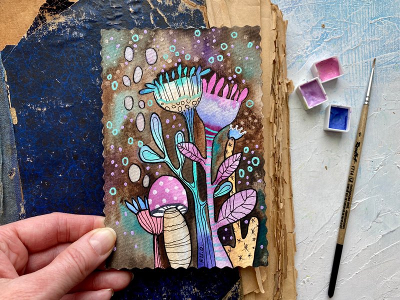 Floral painting Fantasy Original art Mini watercolor Flowers Miniature artwork - 海报/装饰画/版画 - 纸 多色