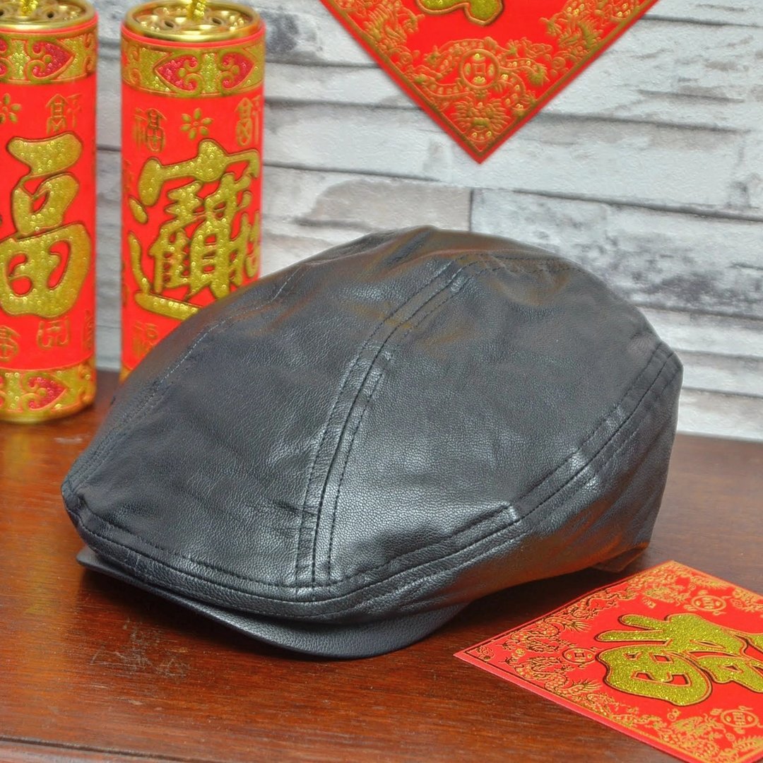 羊皮鸭舌帽 黑色 狩猎者帽 父亲节 手作真皮帽子 超大头围 - 帽子 - 真皮 黑色