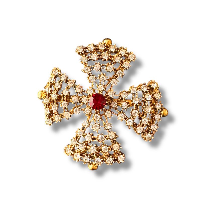 复古马尔他十字胸针，点缀透明水晶与红宝石色，绝佳赠礼选择 - 胸针 - 其他金属 红色