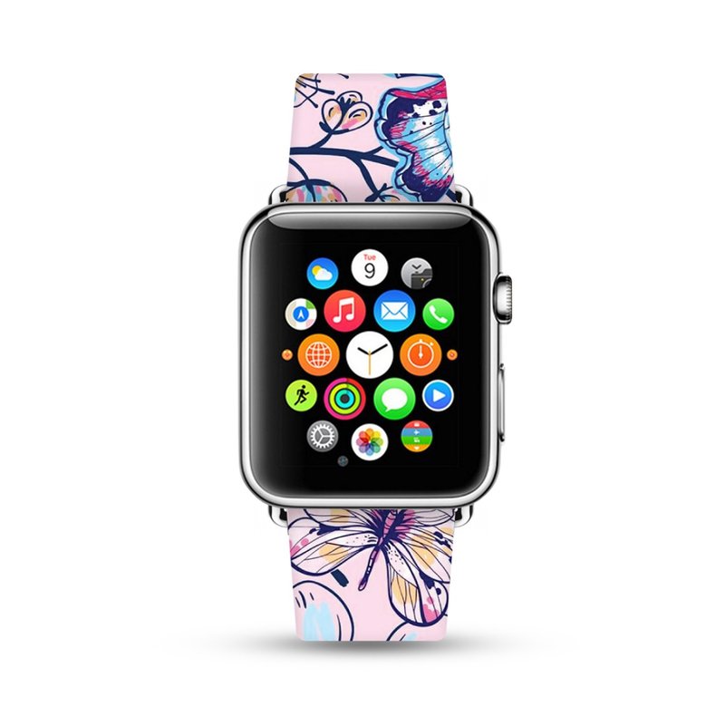 Apple Watch 真皮手表带,适用于所有型号, 粉红花与蝴蝶案图 -028 - 表带 - 真皮 粉红色