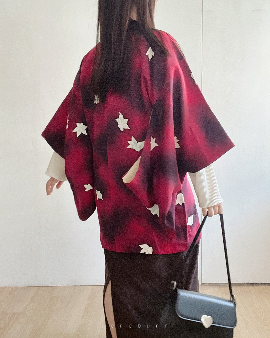日本制和风印花黑红色古着羽织道行和服外套 - 女装休闲/机能外套 - 聚酯纤维 红色
