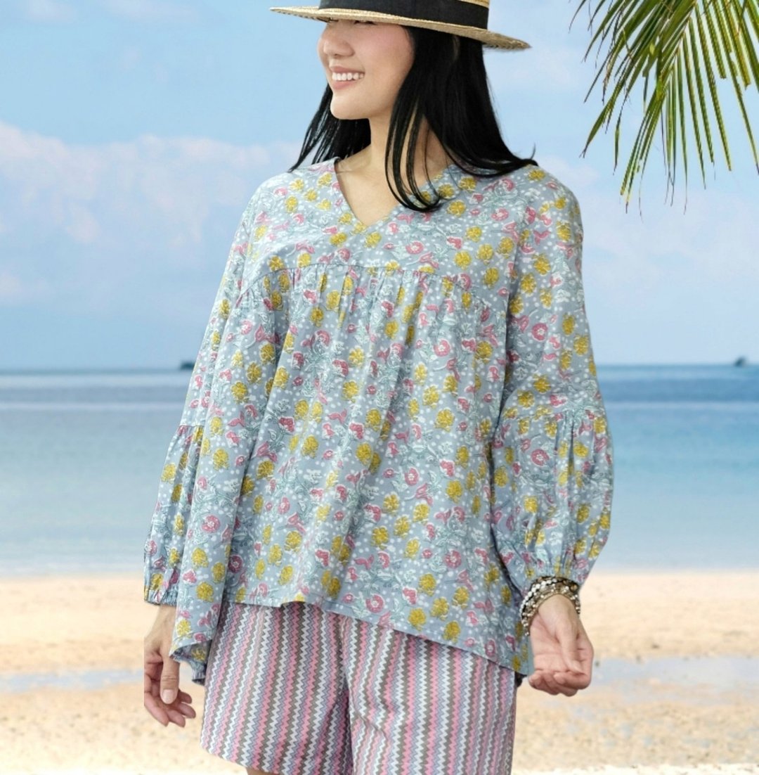 Riya Blouse (Indian Hand Block Print Cotton) Grey - 女装衬衫 - 棉．麻 灰色
