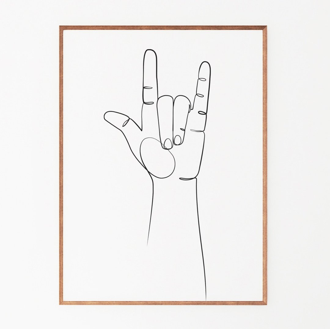 Rock hand art print, Rock line art, Hand gesture sign print, Printable wall art - 电子手绘真人画像/绘画/插画 - 其他材质 