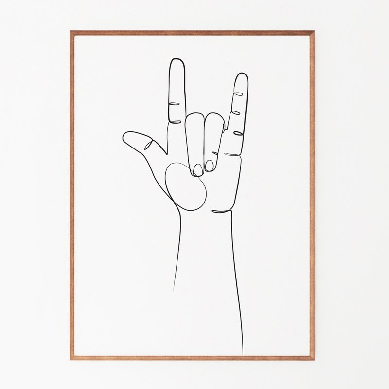 Rock hand art print, Rock line art, Hand gesture sign print, Printable wall art - 电子手绘真人画像/绘画/插画 - 其他材质 