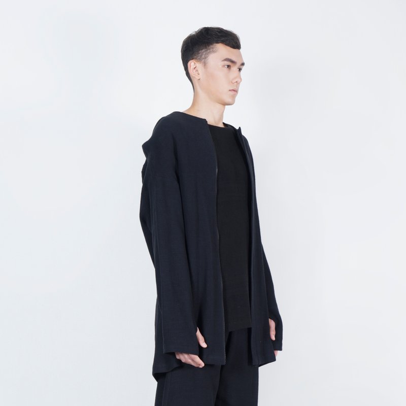 黑白切 AW 黑羽造型露指连帽外套 - 男装外套 - 棉．麻 黑色