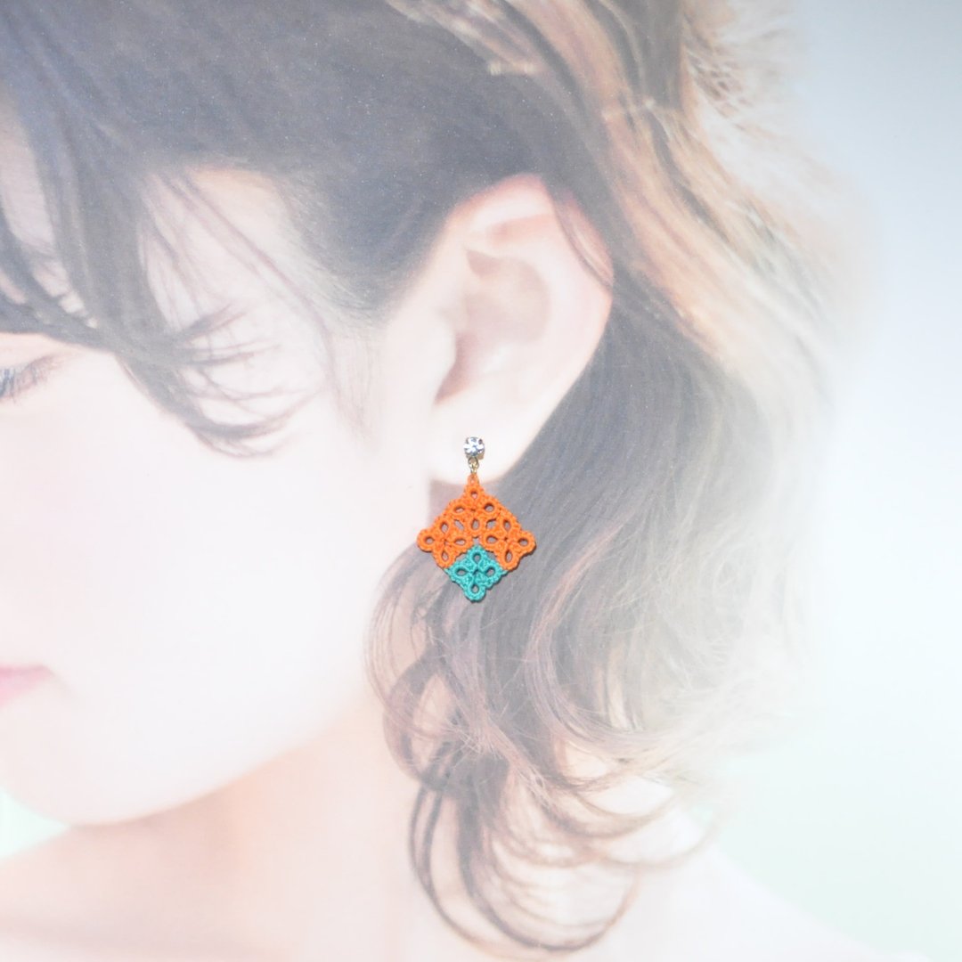 新品万岁! 马赛克方块耳环 橙绿 Mosaic Square Earrings Tatting - 耳环/耳夹 - 绣线 橘色