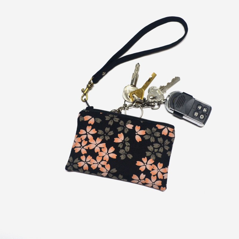 樱花拉链钥匙包 零钱包 - 钥匙链/钥匙包 - 棉．麻 黑色