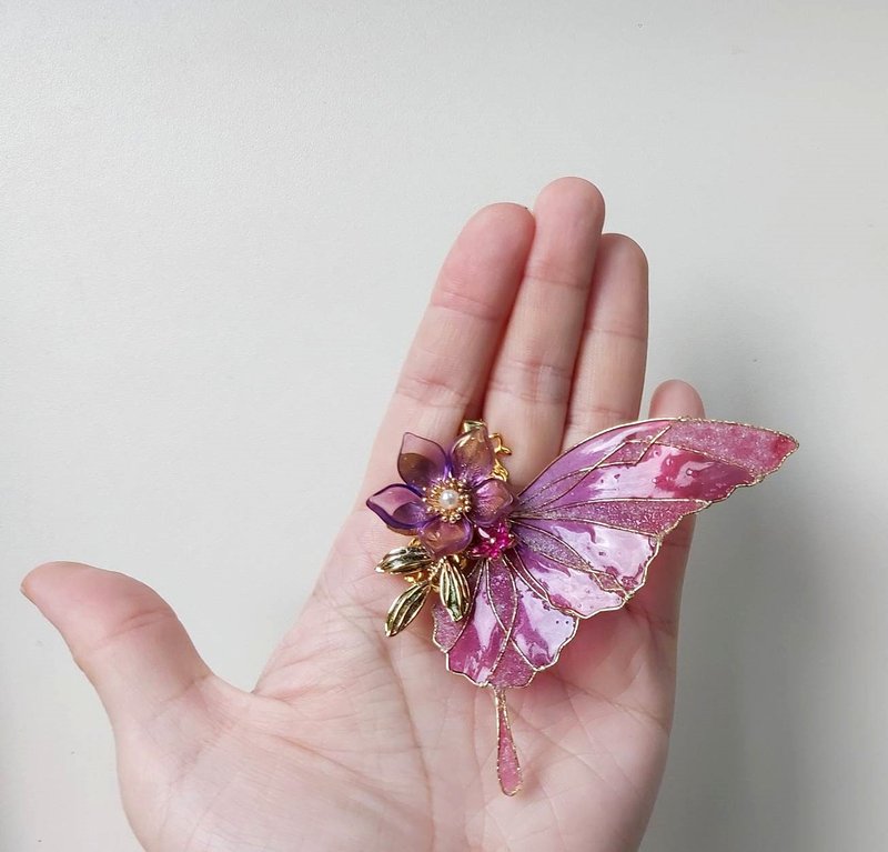 水晶花琉璃系列【蝶恋花】对夹~紫红/鸭嘴夹 - 发饰 - 树脂 紫色