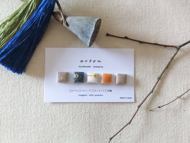 arton 陶瓷耳钉5件优雅气质陶瓷独特耳钉树脂耳夾防过敏美濃焼 - 耳环/耳夹 - 陶 蓝色